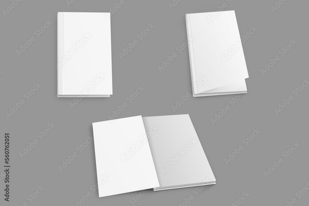 Poster empty blank white hard cover book mockup open, half open and open isolated on a background. 3d rende