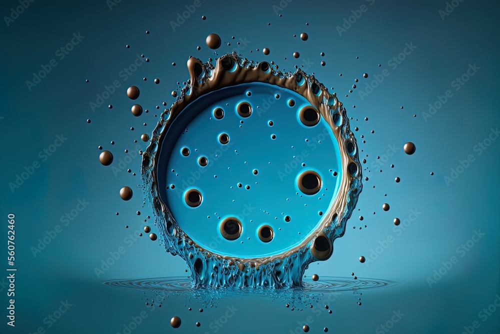 Poster blue backdrop with water drips that fall into pools. generative ai