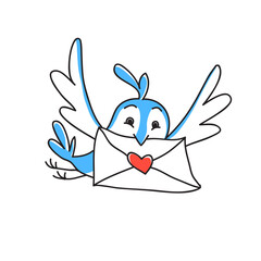 vector drawing with blue happy bird and letter. Can be used for valentine's day greetings, love messages.