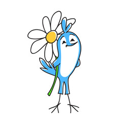 vector drawing with blue happy bird and chamomile. Can be used for valentine's day greetings, love messages, or sorry.