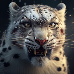 Snow leopard in snow, snow leopard with big eyes, fluffy wild cat, beautiful feline leopard in snowstorm, winter snowing