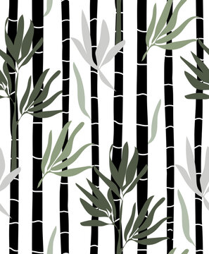 Bamboo tree and leaves - seamless pattern on white background. Abstract nature texture. Vector illustration. © sueziarts