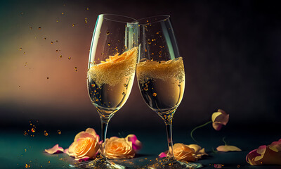 Two glasses of champagne with romantic rose petals with bokeh background. Valentine Day concept	