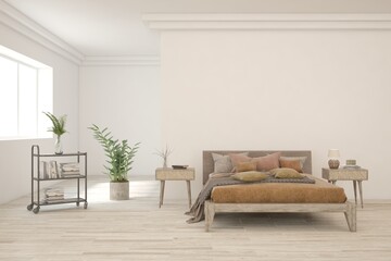 White bedroom interior. Scandinavian design. 3D illustration