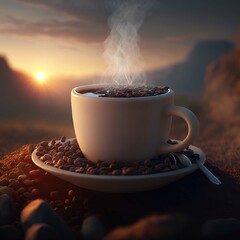 Hot cup of coffee with beans in mountain landscape during sunset