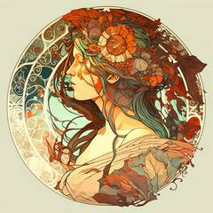 Beautiful fine art in the style of modernist artist Alphonse Mucha.