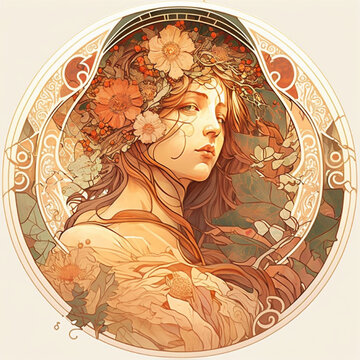 Beautiful fine art in the style of modernist artist Alphonse Mucha.