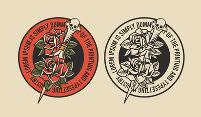 vintage badges and roses with skeleton dagger