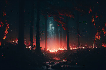 A magical dark forest on fire digital illustration