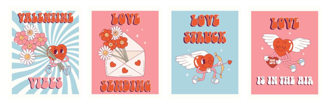 Groovy hippie love posters, cards, postcards set. Retro happy Valentines day. Comic happy heart character in trendy retro 60s 70s cartoon style. Retro characters and elements.