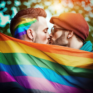 M&auml;nner Paar mit Regenbogenflagge k&uuml;sst sich -Generative AI