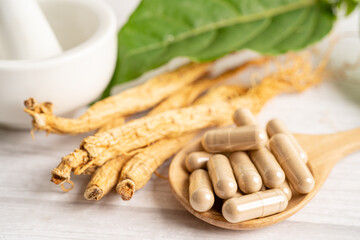 Ginseng, dried vegetable herb. Healthy food famous export food in Korea country.