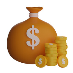 3d illustration dollar money bag and stack coin