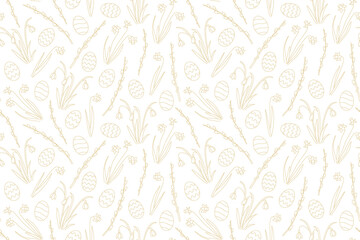 seamless Easter golden pattern with daffodils, snowdrops, willow catkins branches and eggs - vector illustration