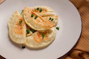 Pierogi, a traditional dish of Polish cuisine, dumplings, top view, close-up, no people,