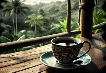 morning coffee on wooden balcony in hidden village. View of beautiful jungle..