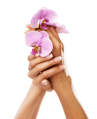 Nails, woman hands and orchid flowers for spa or beauty salon treatment on white background. Female...