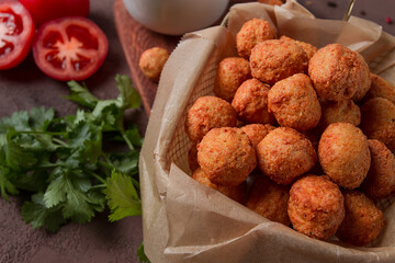 Chicken popcorn, deep fried, nuggets, close-up, rustic, no people,
