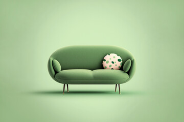 Soft green sofa on green background, 3D illustration, AI generated image. Modern minimalistic living room interior detail. Cosiness, social media and sale concept, creative advertisement idea
