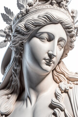 Greek goddess statue on light background, muse sculpture with crown. AI generated image.