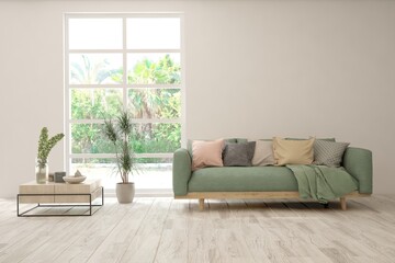 Minimalist living room in white color with sofa and summer landscape in window. Scandinavian interior design. 3D illustration