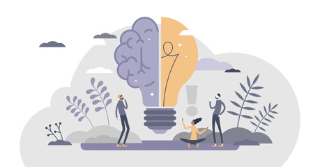 Creative brain with innovative knowledge thinking scene tiny persons concept, transparent background. Brainstorming process with imagination and genius approach to business illustration.