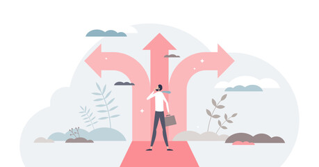 Crossroads as business strategy choice and future options tiny person concept, transparent background. Businessman dilemma and doubt about right plan as split arrow symbol illustration.