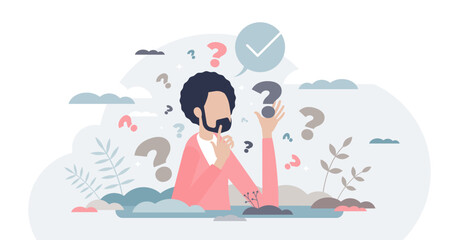 Decision making confusion and successful option choice tiny person concept, transparent background.Doubt and struggle about strategy, path direction with symbolic question marks illustration.