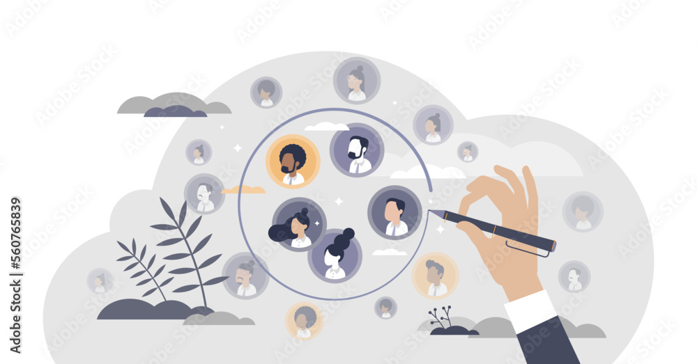 Poster target audience segmentation as customer group selection tiny person concept, transparent background