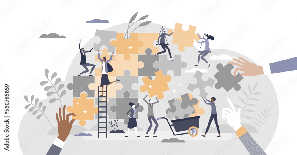 Poster teamwork puzzle as effective team collaboration process tiny person concept, transparent background.