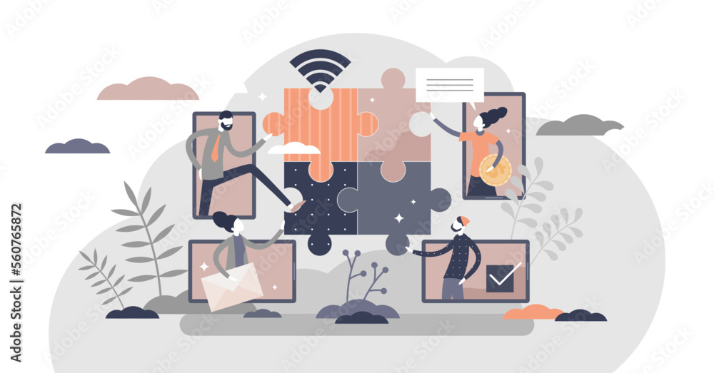 Poster virtual teams distance working as puzzle solving scene tiny persons concept, transparent background.