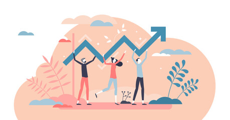 Naklejka na ściany i meble Progress development as success improvement and growth tiny person concept, transparent background. Professional teamwork scene with increased and upward pointed arrow as profit, sales.
