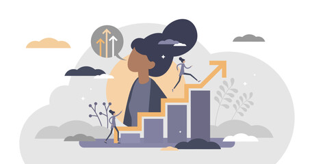 Self improvement with personal development and growth flat tiny persons concept, transparent background. Educational and professional progress illustration.