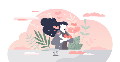 Self love, ego confidence and body acceptance and esteem tiny person concept, transparent background. Psychological and mental attitude about female look, shape and size illustration.