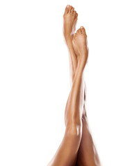 Legs, feet and woman with skin and beauty, epilation and pedicure mockup against white background. Spa treatment, wellness with cosmetic care, laser hair removal and skincare glow with cosmetics