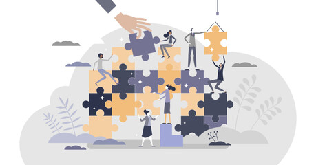 Teamwork jigsaw puzzle as partnership work assistance tiny person concept, transparent background. Team unity help for project challenges illustration.
