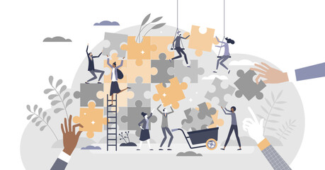 Teamwork puzzle as effective team collaboration process tiny person concept, transparent background. Active, busy and dynamic assistance help and control scene.