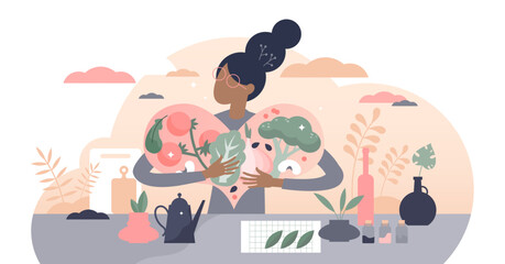 Vegan food lifestyle with vegetables and balanced diet tiny persons concept, transparent background. Fresh organic products for eco catering with nutrition and vitamins from raw fruit.