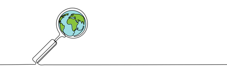 Continuous one line drawing of world planet with looking glass search icon. Exploring planet earth. Drawing of magnifier