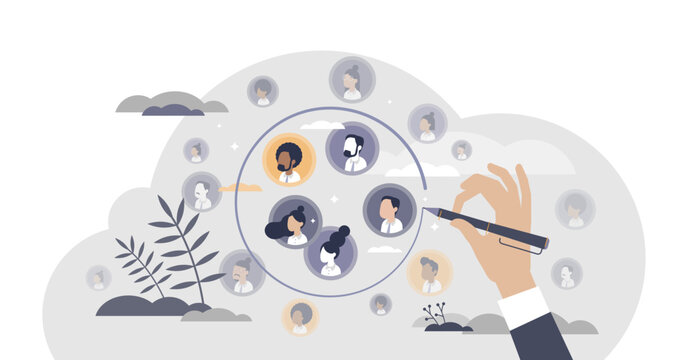 Target audience segmentation as customer group selection tiny person concept, transparent background. Social division and selection for effective advertisement and marketing illustration.