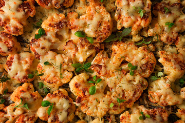 Cauliflower steak with cheese and spices, homemade, close-up, top view, selective focus, no people,