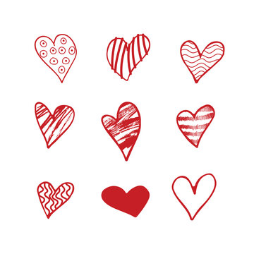 red hearts doodle set. Different shapes and patterns of hearts isolated on a white background. Valentine's Day. Clipart. Vector illustration