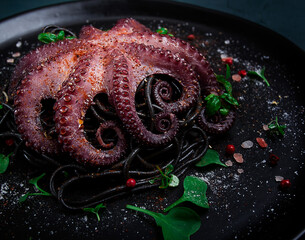 Fototapeta premium Octopus with black spaghetti, pasta, spices and herbs, top view, no people,