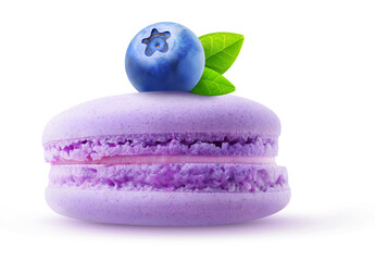 Purple macaroon with creme and blueberry on top, side view, isolated on white background