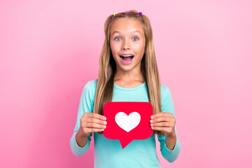 Closeup photo of young little pretty schoolkid girl open mouth excited positive hold red paper heart shocked isolated on bright pink color background