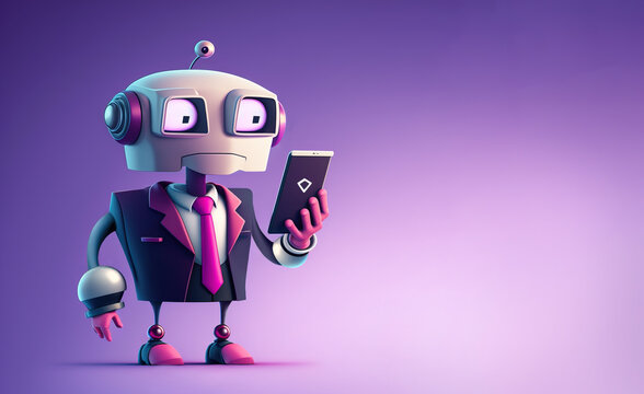 Cartoon robot CEO in business suit stands looking in his mobile phone over blue background, generative AI illustration with copy space