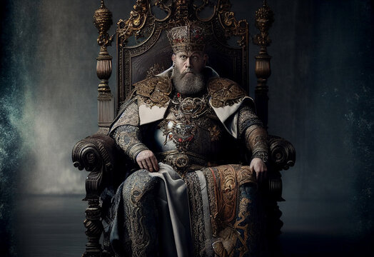 King in medieval castle, seated on throne. Russian monarchy..