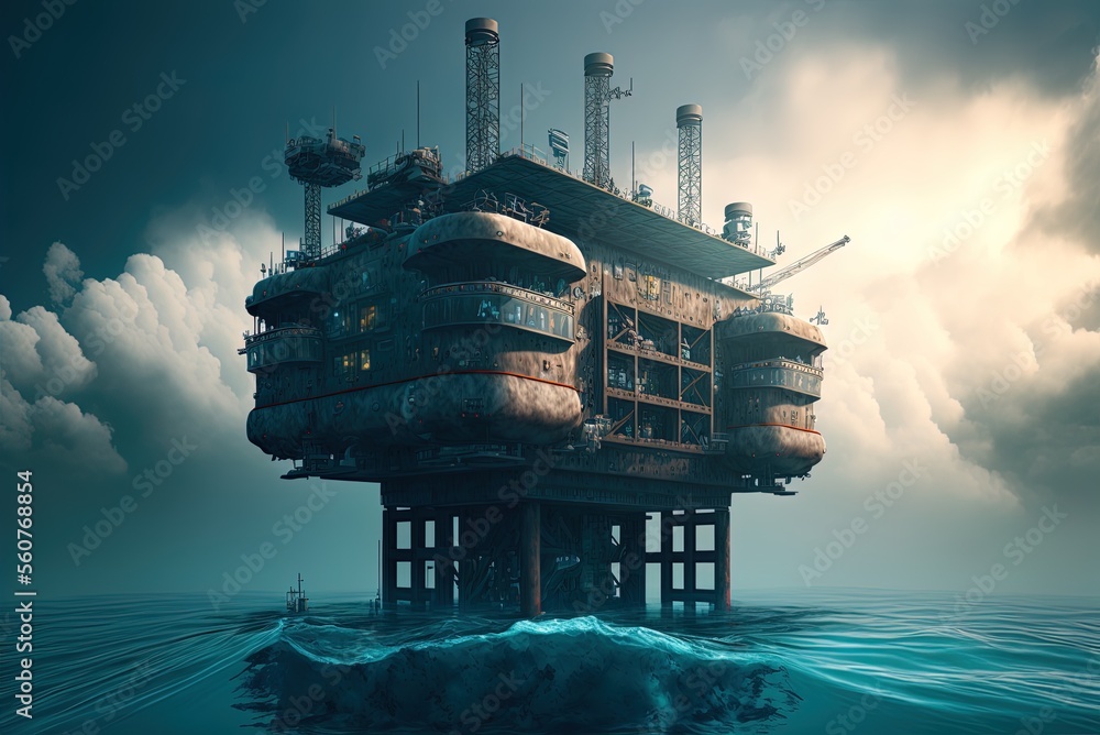 Poster floating, partially submerged structure in the ocean. generative ai