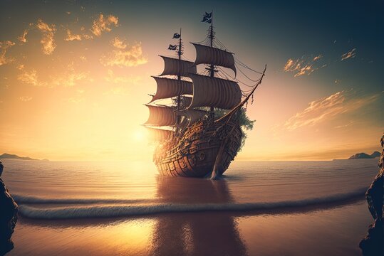 At sunrise, a pirate ship is stranded on the shallow sea floor. Generative AI