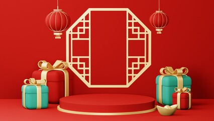 Chinese New Year celebrations , Festive gift card templates with realistic 3D design elements, holiday banners, web posters, flyers, and brochures, greeting cards . 3D Rendering